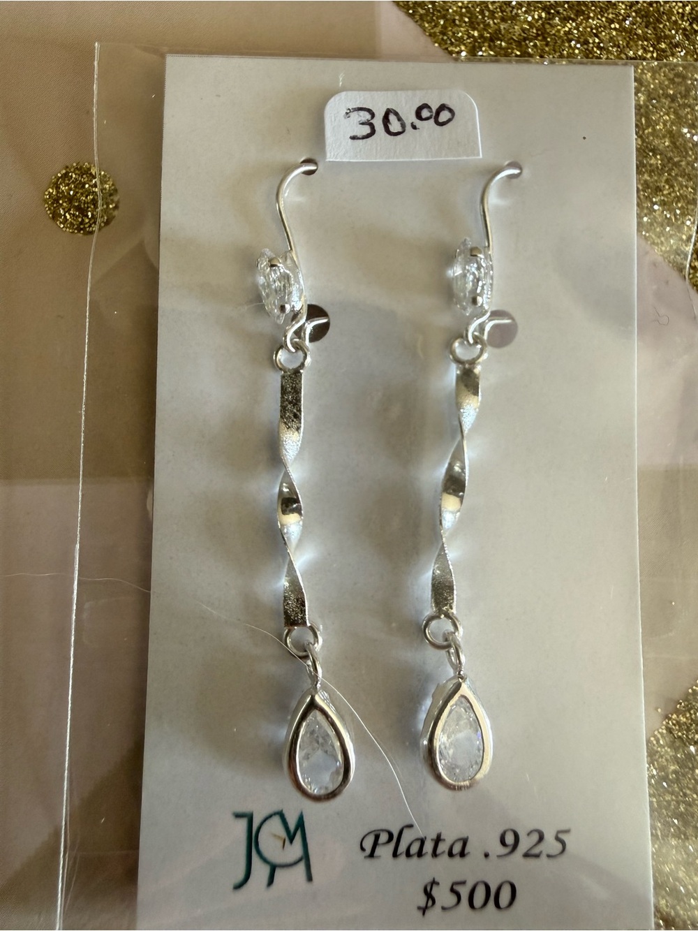 Plata .925 Silver Twisted Drop Earrings with Teardrop Stones - Silver